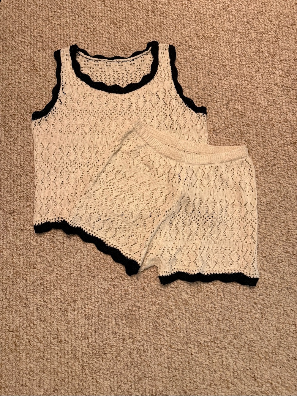Cream Crochet Knit Tank and Shorts Set with Black Trim